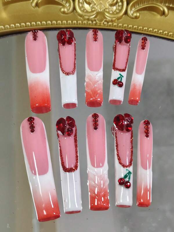 10 Stücke reine handgefertigte Nägel in 55mm Sargform A, französische Nail Art, dreidimensionale Kirsche, Liebesdiamant, handbemalte Liebe, Valentinstags-Geschenk für die Freundin, als Neujahrgeschenk, abnehmbar und wiederverwendbar