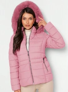 Shendy Vendy Women's Warm Polyester Jacket With Fur Collar - Light Pink 2 - View 3