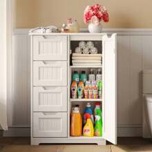 Bathroom Floor Freestanding Storage Cabinet, New Year Gift 3" Small Kitchen Pantry Storage Cabinet With Door And Shelves, Pantry Cabinet Storage Cupboard, Freestanding Wooden Dresser With 4 Drawers
