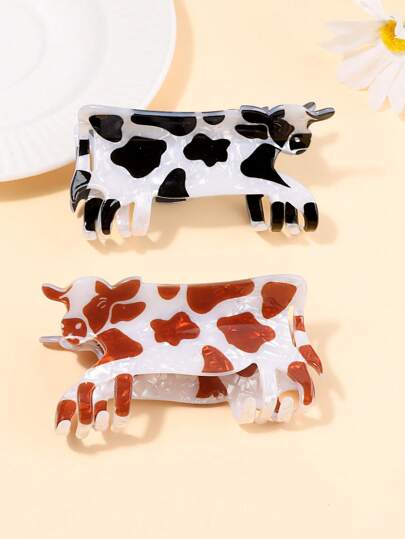 1Pc Cute Cow Printed Hair Claw - Medium, PVC Material, Sweet Cartoon Design For Girls