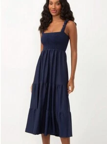 Vestido Midi de Alça larga com Lastex Cor Azul Listrado