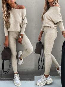 Women's Fall 2-Piece Lounge Outfit: Long Sleeve Pullover Top + Drawstring High-Waisted Pants Tracksuit Set - 杏色 - 查看 1