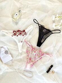 3-Sets Pure Desire Romantic Women And Ladies' Floral Lace Embroidery Mesh Bra & Panty Lingerie Set Naughty Outfits Valentines Day Gift For Her