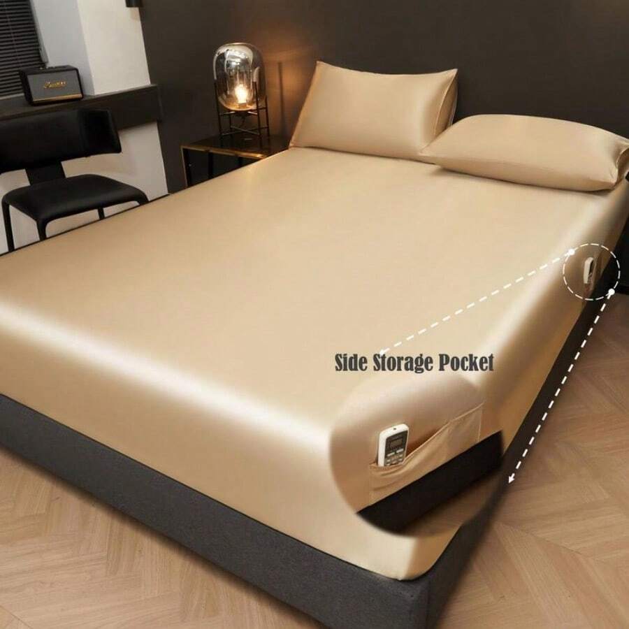 Room Decor Modern Satin Bedding Sets, 1 Count Solid Color Fitted Sheet & 2 Counts Imitation Silk Pillowcase Without Filler, Soft Comfy Bed Set, Bedroom Accessories, Fall Decor - 卡其色-口袋設計 - 查看 1