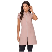 Women's Fitted Zipper  Beautician Tulip Lab Coat - 米色 - 查看 4