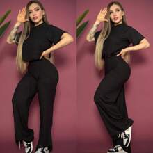 Conjunto 2 pzas Playera holgada, pantalon ajustado-acampanado - Negro - Ver 2