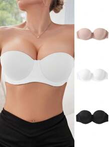 3 Packs Basic Multicolor Strapless Demi-Cup Bra Comfort Push Up Removable Bra