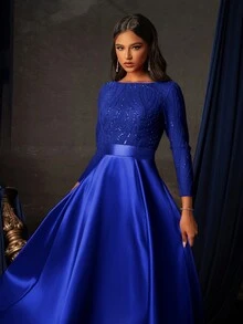 Elegant Blue Sequin Long Sleeve Gown With High Slit, Floor-Length Formal Dress, Women's Prom Gown, Party Dress, Wedding Guest Dress, Evening Dress - Navy Blue - View 6