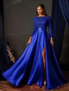 Elegant Blue Sequin Long Sleeve Gown With High Slit, Floor-Length Formal Dress, Women's Prom Gown, Party Dress, Wedding Guest Dress, Evening Dress - Navy Blue - View 4