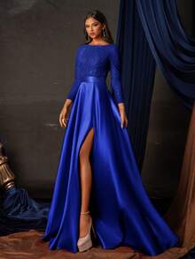 Elegant Blue Sequin Long Sleeve Gown With High Slit, Floor-Length Formal Dress, Women's Prom Gown, Party Dress, Wedding Guest Dress, Evening Dress - Navy Blue - View 7