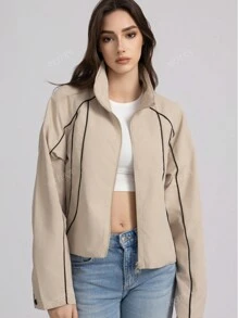 Giacca casual semplice da donna con chiusura lampo frontale e maniche lunghe, con inserti a righe