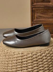 Women's Fashionable Square Toe Shallow Slip-On Shoes, Silver-Brown Color, Casual Office Wear, Versatile, Outdoor Suitable, With Elevated Aesthetic, Flat Design - Silver Brown - View 2