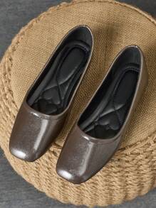 Women's Fashionable Square Toe Shallow Slip-On Shoes, Silver-Brown Color, Casual Office Wear, Versatile, Outdoor Suitable, With Elevated Aesthetic, Flat Design - Silver Brown - View 1