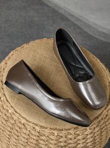 Women's Fashionable Square Toe Shallow Slip-On Shoes, Silver-Brown Color, Casual Office Wear, Versatile, Outdoor Suitable, With Elevated Aesthetic, Flat Design - Silver Brown - View 5