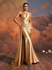 VIPGIRL Elegant Champagne Halter Neck Satin Wrap Front And High Slit, Floor-Length Evening Dress, Women's Formal Gown, Prom Dress, Party Dress, For Wedding Guest - 金色 - 查看 3