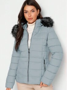 Shendy Vendy Women's Warm Polyester Jacket With Fur Collar - Blue 1 - View 2