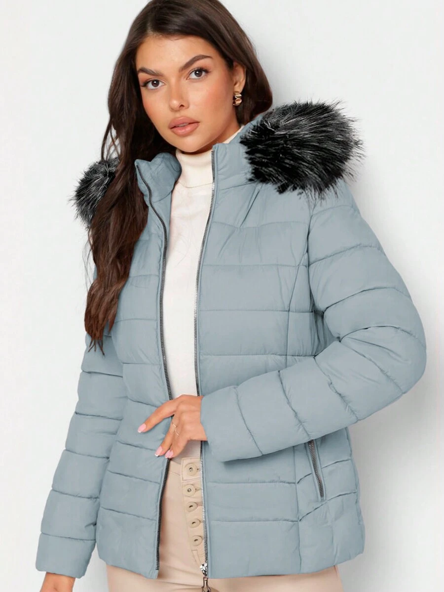 Shendy Vendy Women's Warm Polyester Jacket With Fur Collar - Blue 1 - View 1