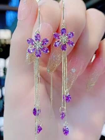 1 Pair Korean Style Purple Flower Dangle Earrings, Long Tassel Earrings Valentines, Mom, Mother, Mother's Day, Gift