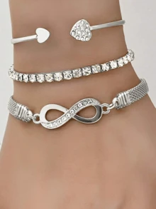 3pcs Infinite Symbol Elastic Bracelet & Heart Shape Women Bracelet Set, Boho Style Open Adjustable Cuff, Versatile Daily & Holiday Gift Jewelry - Style 1 - View 1