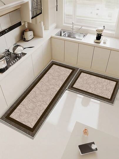 1pc Brown Framed Black Line Floral Print Kitchen Mat, Non-Slip & Waterproof, Suitable For Room Decor, Living Room, Bathroom, Bedroom Carpet, Doormat, Area Rug And Outdoor Rug, Made Of Polyester Fiber, Easy To Clean And Machine Washable, Suitable For All Seasons And Holidays