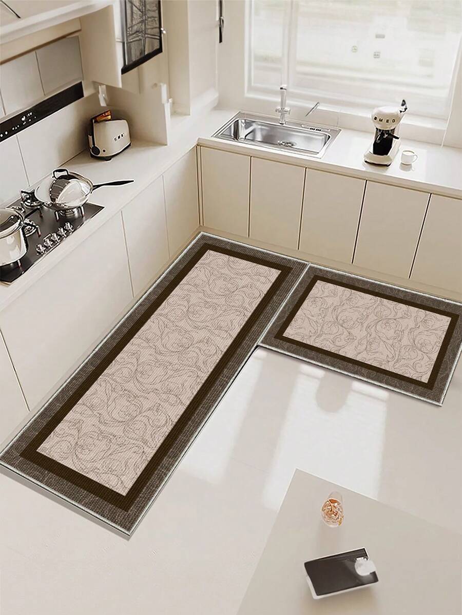 1pc Brown Framed Black Line Floral Print Kitchen Mat, Non-Slip, Suitable For Room Decor, Living Room, Bathroom, Bedroom Carpet, Doormat, Area Rug And Outdoor Rug, Made Of Polyester Fiber, Easy To Clean And Machine Washable, Suitable For All Seasons And Holidays - 摩卡棕 - 查看 1