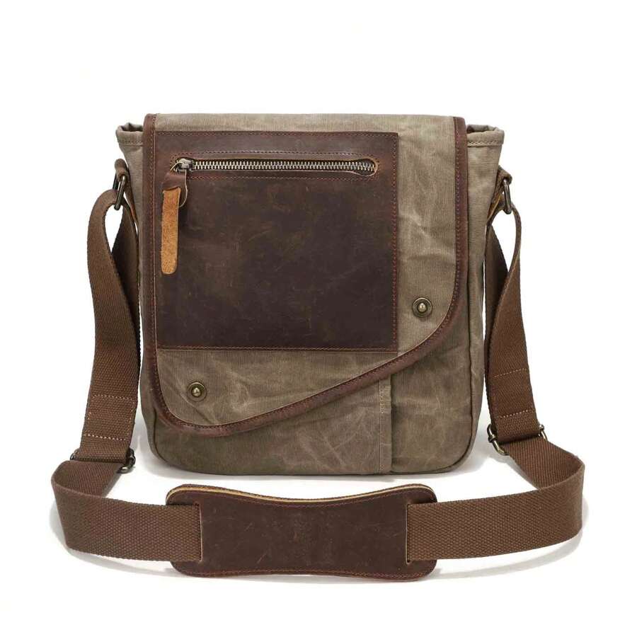 Men's Water Resistant Crossbody Bag Shoulder Bag Adjustable Wild Strap Vintage Canvas Briefcase - Màu Khaki - Xem 1