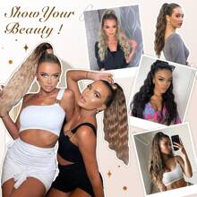 FESHFEN Extensions de cheveux queue de cheval longues avec boucle de traction cheveux synthétiques longs ondulés bouclés pince naturelle en postiche cheveux tressés pour femmes 65 cm