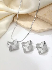 Aomogo 2pcs Asymmetrical Luxurious Creative Stainless Steel Geometric Leaf Textured Necklace & Earrings Set, Suitable For Daily Wear