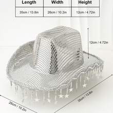 Womens Men Shiny Cowgirl Hat Wide Brim Western Bling Stars Tassel Cowgirl Hat Themed Party Cap - 銀色 - 查看 8