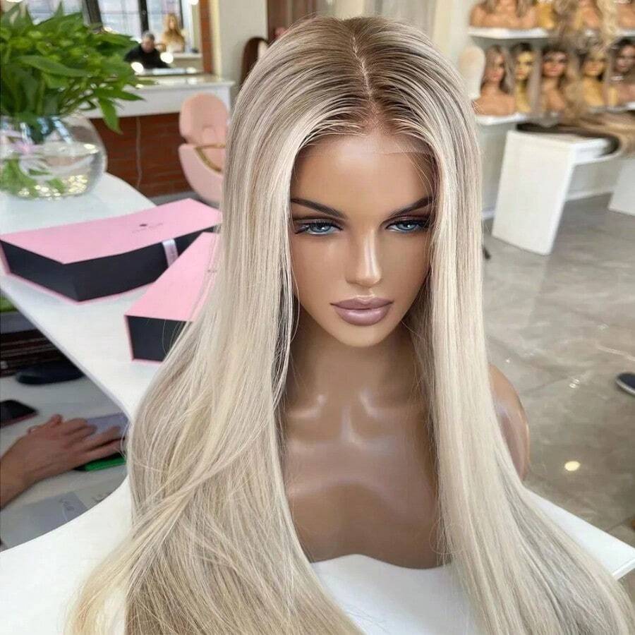 Ombre Blonde Silky Straight Highlights Wig Soft Synthetic Hair Lace Wigs Swiss Lace 13x4 Lace Front Wig Heat Resistant Fiber - Tóc vàng ombre - Xem 1