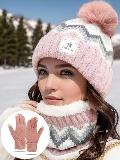 3pcs Women's Korean Style Casual Cold-Proof Set: Hat, Scarf, Gloves, Knitted Beanie Hat, Suitable For Autumn/Winter Daily Use To Keep Warm Valentines Gift