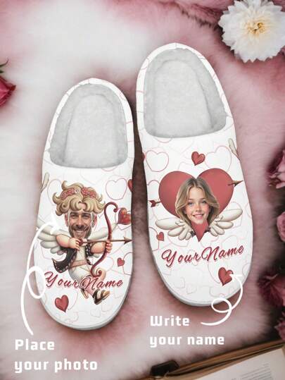 1 Pair Custom Valentine's Day Couple Photo Slippers, Personalized Fur Slippers With Cupid And Heart Design, Unique Romantic Gift For Him And Her, Featuring Male Cupid Shooting Arrow Of Love To Female Partner, Add Your Names And Photos, Cozy Warm And Soft Slippers For Lovers Valentine Gift
