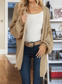 Womens Chunky Knit Solid Color Long Sleeve Open Front Cardigan - Cozy Sweater Outwear - 駝色 - 查看 3