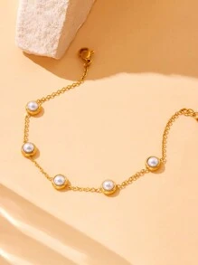European And American Retro Round Pearl Stainless Steel Chain Accessories Bracelet Earrings Necklace Jewelry Set For Women, Suitable As Gift