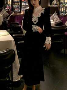 Váy lưới ren nhung tương phản thời trang cổ điển mùa xuân dự tiệc sinh nhật - Xem 2