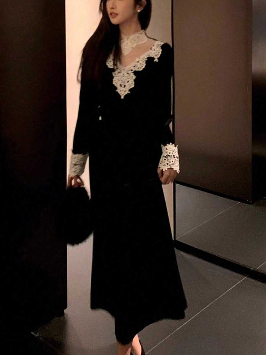 Váy lưới ren nhung tương phản thời trang cổ điển mùa xuân dự tiệc sinh nhật - Xem 1