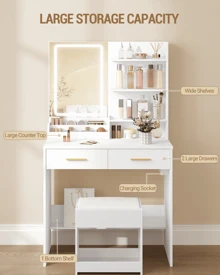 Hzuaneri Dressing Table With LED Light, 2 Sockets And 2 USB Ports Dressing Table With 2 Drawers And 4 Open Shelves, Storage Organiser Compartment. Suitable For Bedroom, Living Room, White