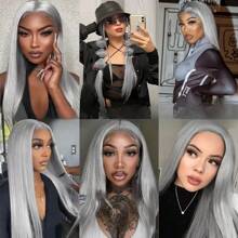 13X4 Silver Grey Wig Straight Synthetic Lace Front Wig Natural Long Gray Colored Hair Lace Frontal Wigs For Women Daily Party - 銀灰 - 查看 5