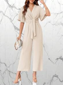 Women's Elegant V Neck Jumpsuit With Short Sleeves Wide Leg Long Pants For Dressy Casual Look - 米色 - 查看 2