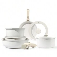 GiPP GiPP Juego de ollas con mango extraíble, juego de ollas y sartenes de 11 piezas con revestimiento antiadherente, juego de ollas de inducción, apto para horno, para todo tipo de cocinas, sin PTFE/PFOA, blanco