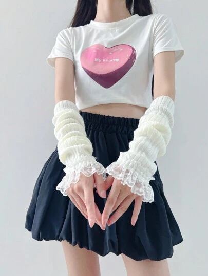 1 par de mangas de encaje para mujer, cálidos brazos de estilo ballet dulce y lindo en color blanco, puños de brazo tejidos de parches de encaje, estética Y2K del milenio, adorable princesa lolita, adecuados para fiesta/cita, guantes negros para estudiantes