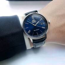 Orient Reloj mecánico automático de negocios para hombre con esfera romana, calendario, correa de acero, impermeable, placa azul, RA-AC0J05L10B - Negro - Ver 6