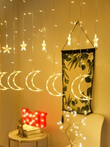 1pc 138 LEDs 3.5*0.8m USB 8 Modes Star & Moon Shaped Curtain Light, For Wedding Engagement Proposal Home Garden Holiday Indoor Outdoor Yard Decor