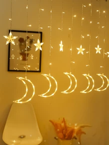 1pc 138 LEDs 3.5*0.8m USB 8 Modes Star & Moon Shaped Curtain Light, For Wedding Engagement Proposal Home Garden Holiday Indoor Outdoor Yard Decor