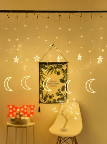 1pc 138 LEDs 3.5*0.8m USB 8 Modes Star & Moon Shaped Curtain Light, For Wedding Engagement Proposal Home Garden Holiday Indoor Outdoor Yard Decor