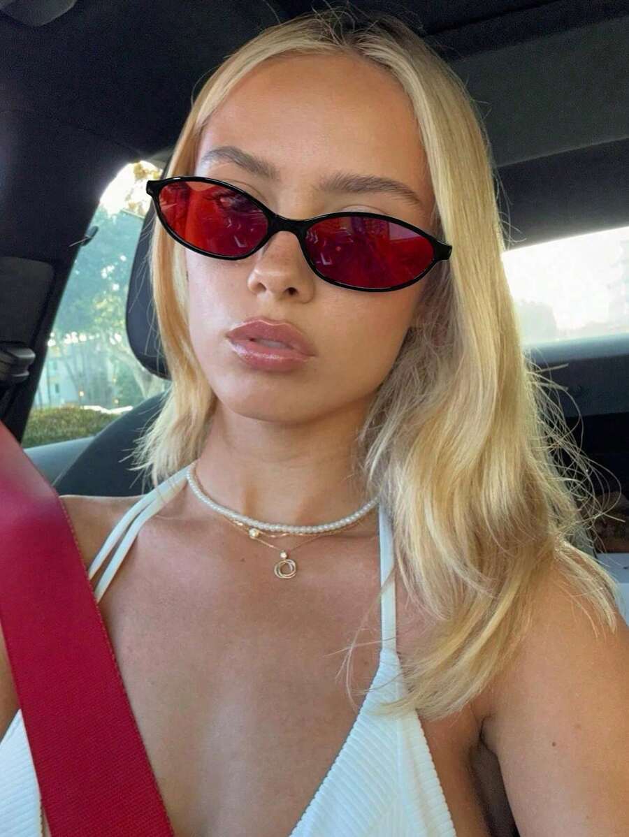 1pc Fashion Small Frame Oval Fashion Glasses Personalized Versatile Vintage Women's Glasses Summer Travel Holiday Beach Accessories Back To School Preppy School Look - 紅色 - 查看 1