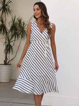 Women Stripe Print Sleeveless Dress