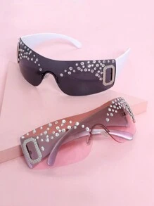 1副无框一体式时尚眼镜，Y2K风格，镶钻设计，奢华个性，百搭时尚，适合度假旅行，闪亮配饰，夏季海滩度假、户外活动、旅行必备。 - 彩色 - 查看 11