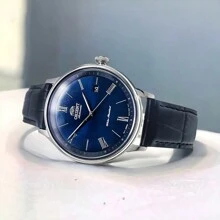 Orient Reloj mecánico automático de negocios para hombre con esfera romana, calendario, correa de acero, impermeable, placa azul, RA-AC0J05L10B - Negro - Ver 4