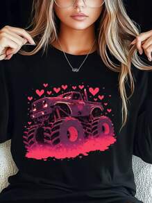 Women's Plus Size T-Shirt Trucks, Valentine's Day Boys' 'Heart Crusher' Love Print Fashion Long Sleeve Round-Neck Loose Fit Tee Casual Streetwear - Black - View 1